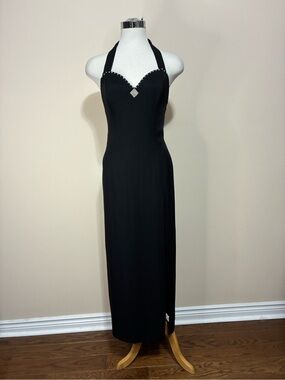 Lureall Classic Black Halter Maxi Dress with Rhinestone Detail